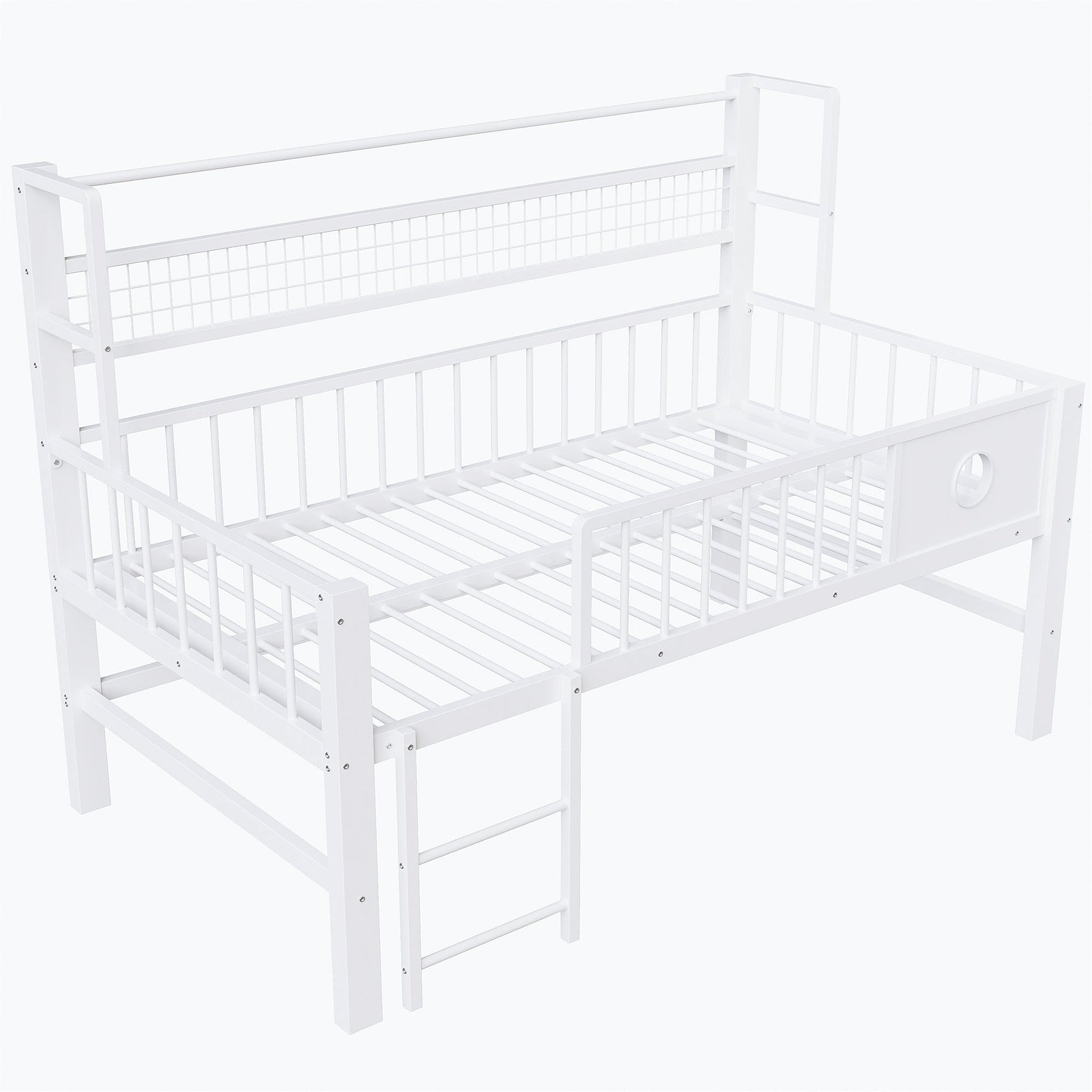 Children's Low Loft Bed with Storage Compartments, 90x200cm, White Metal