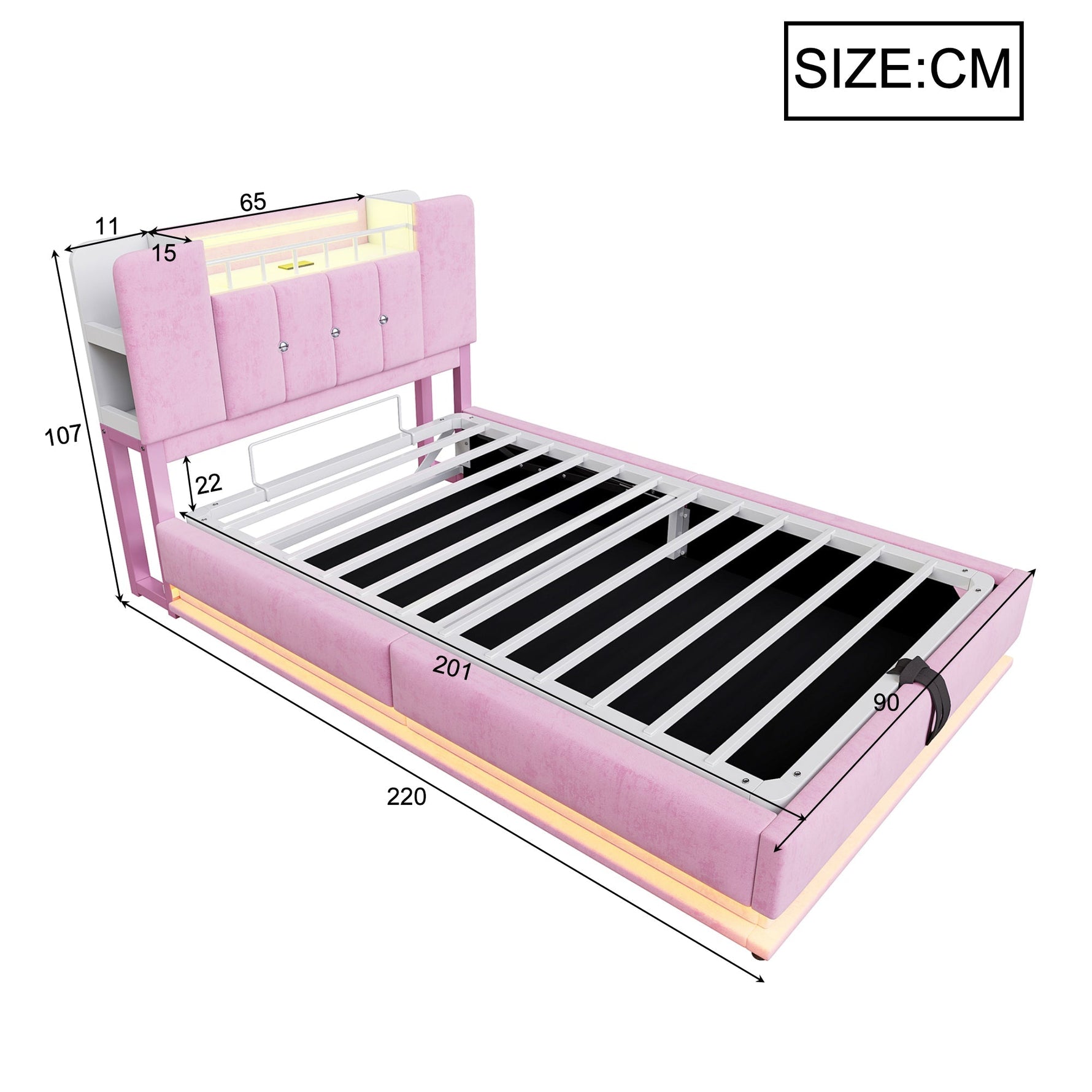 Smart Upholstered Bed for Children with LED, USB, and Hydraulic Storage, Pink Velvet