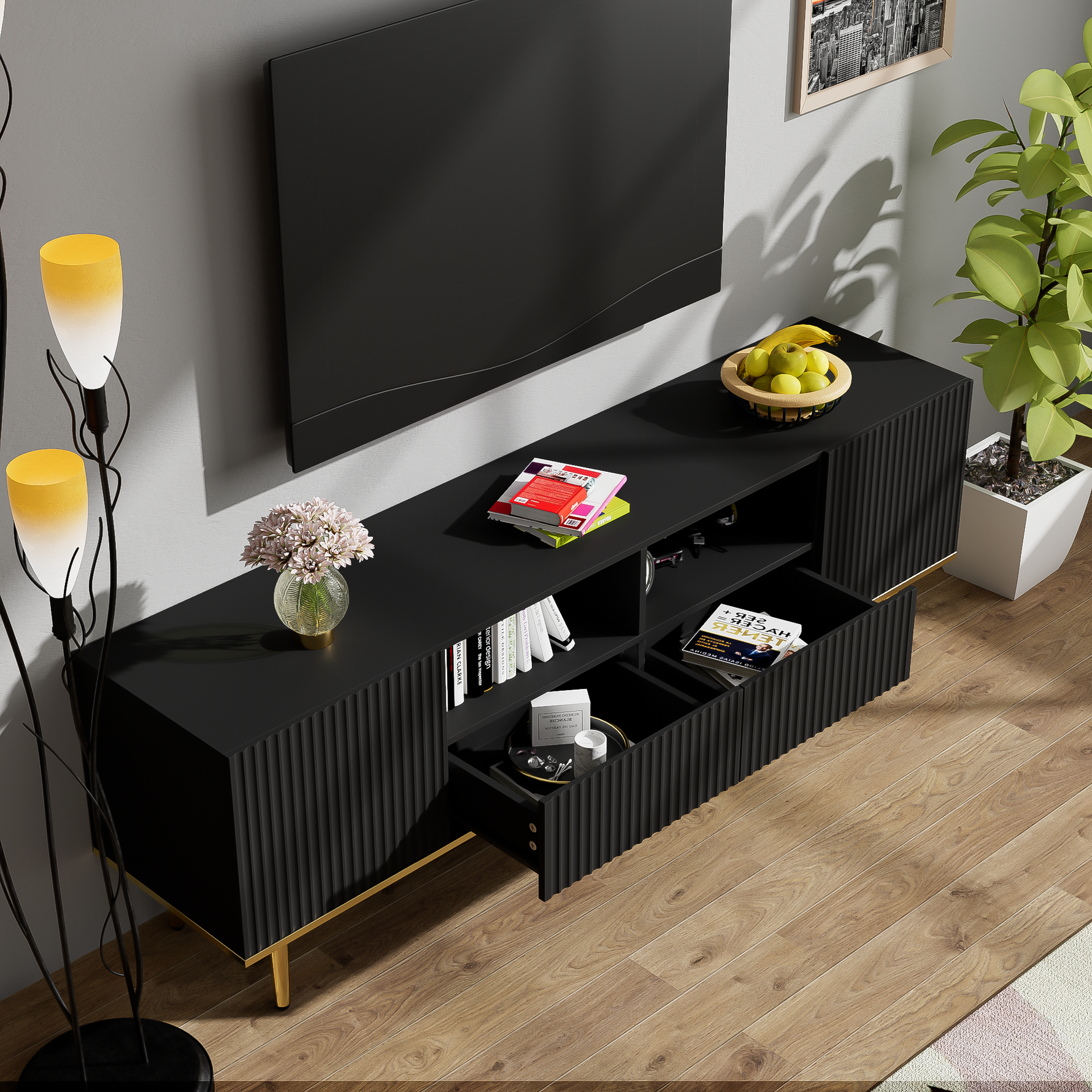 TV Cabinet, Modern with Golden Feet and Edge