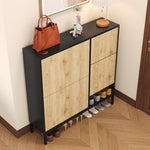 Shoe Cabinet with Changing Stool, 3 Flaps & Open Storage, Black + Wood Color