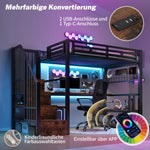 Loft Bed 90x200cm with Desk, LED & Storage, Black Metal