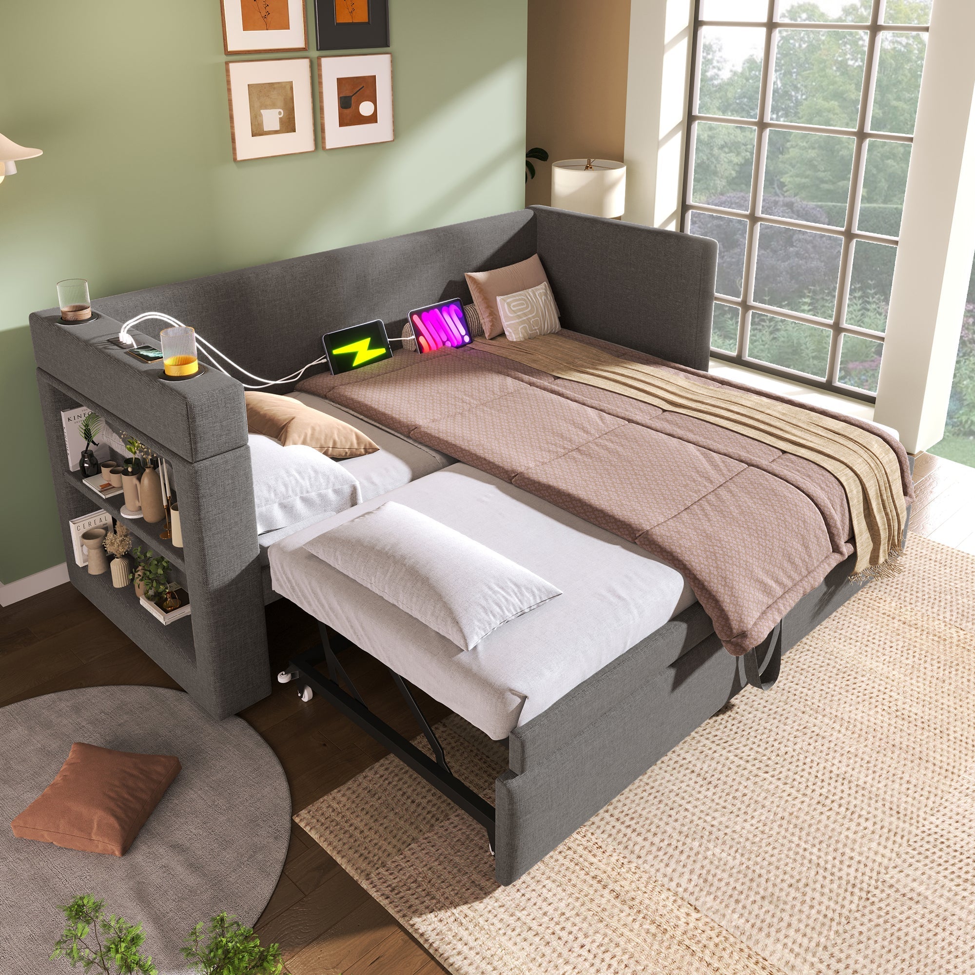 Upholstered Daybed 90x190 cm Single Bed Sofa with Pull-Out, USB/Type-C Port, Linen Blend Grey