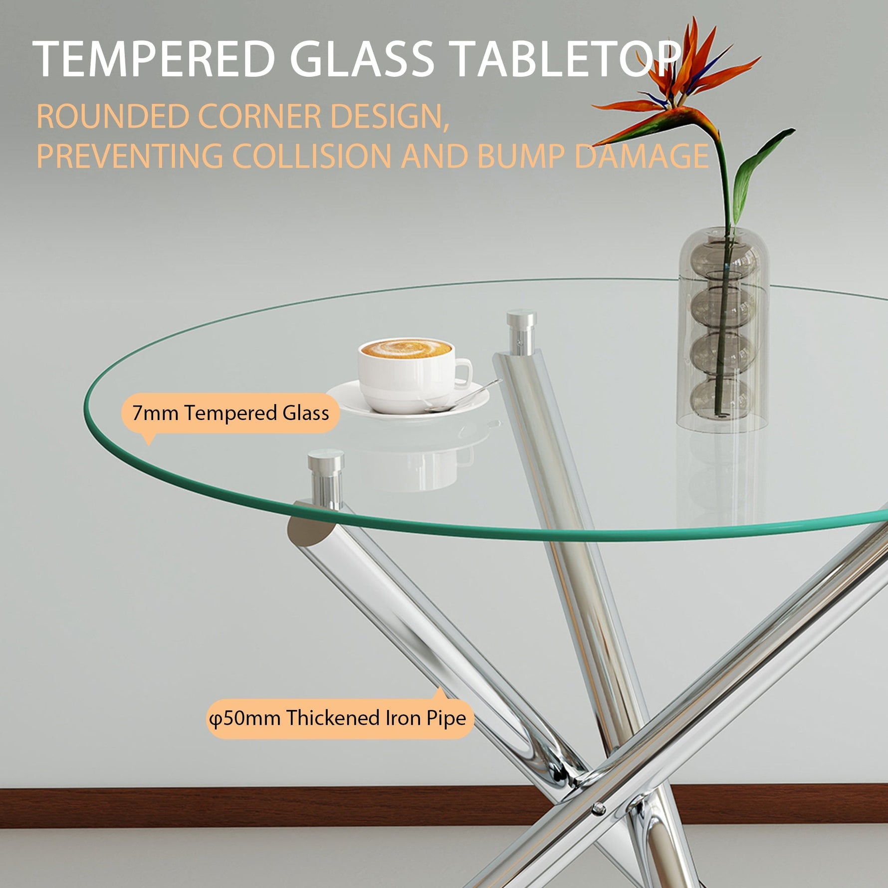 Round Dining Table 80x80x76cm Tempered Glass Metal Legs