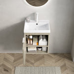 Bathroom Vanity Unit with Ceramic Sink and Open Shelf, Oak Cream Wood Grain