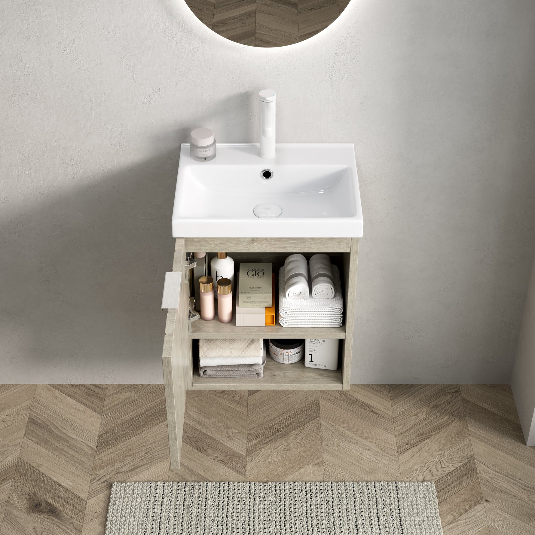 Bathroom Vanity Unit with Ceramic Sink and Open Shelf, Oak Cream Wood Grain