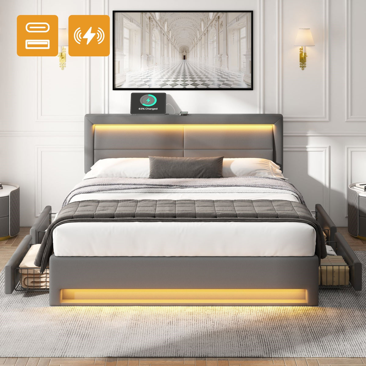 Upholstered Bed 140x200cm USB LED Light 4 Drawers - Grey