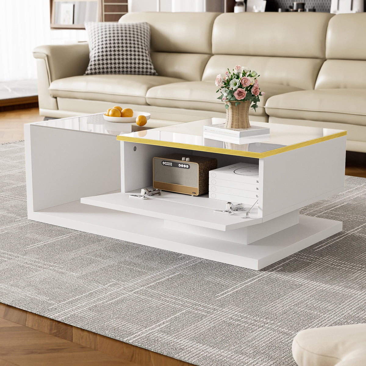 Coffee Table 90cm, High-Gloss White with Glass & LED Effect