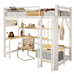 Loft Bed 90x200cm with Desk, Shelves & LED, White Iron Frame