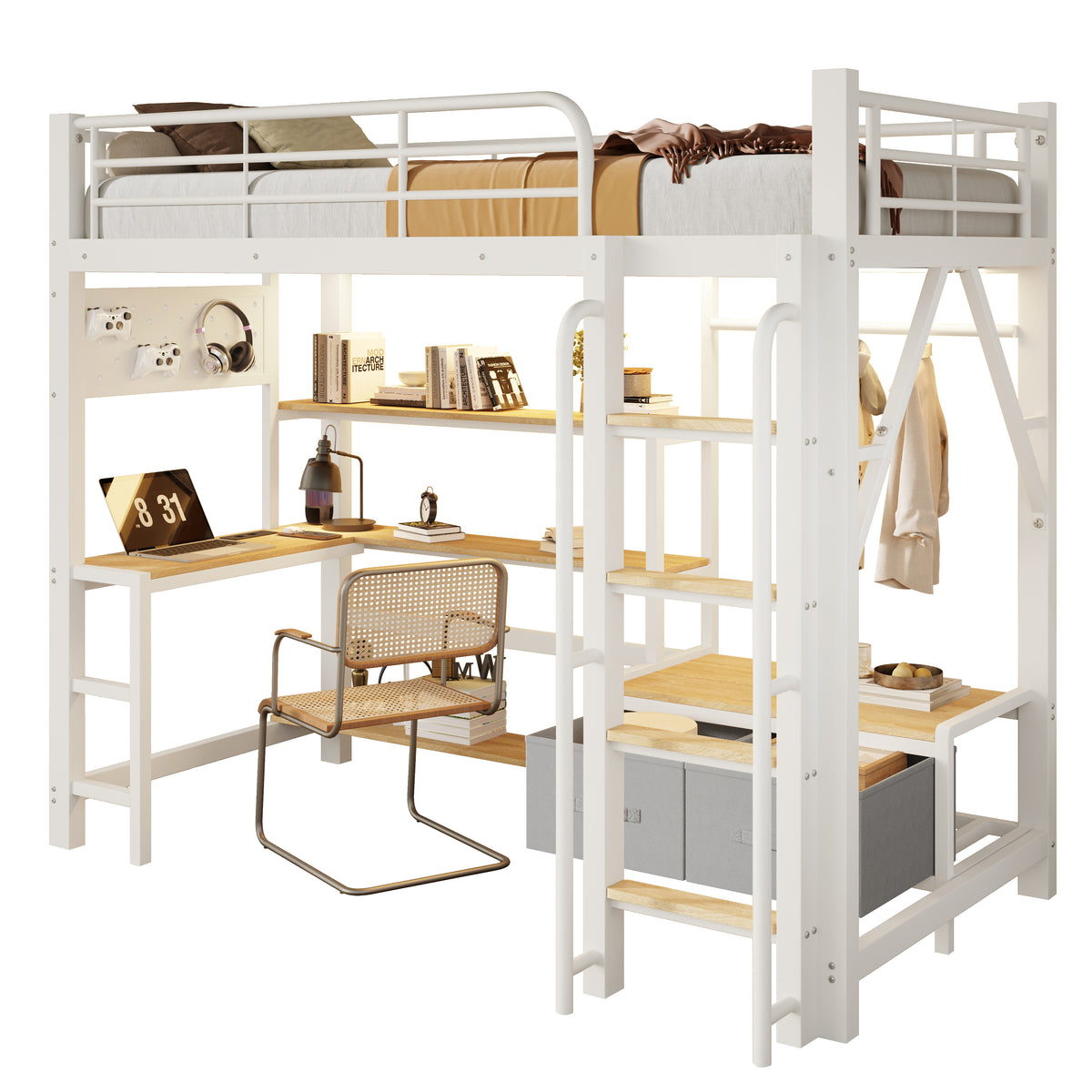 Loft Bed 90x200cm with Desk, Shelves & LED, White Iron Frame