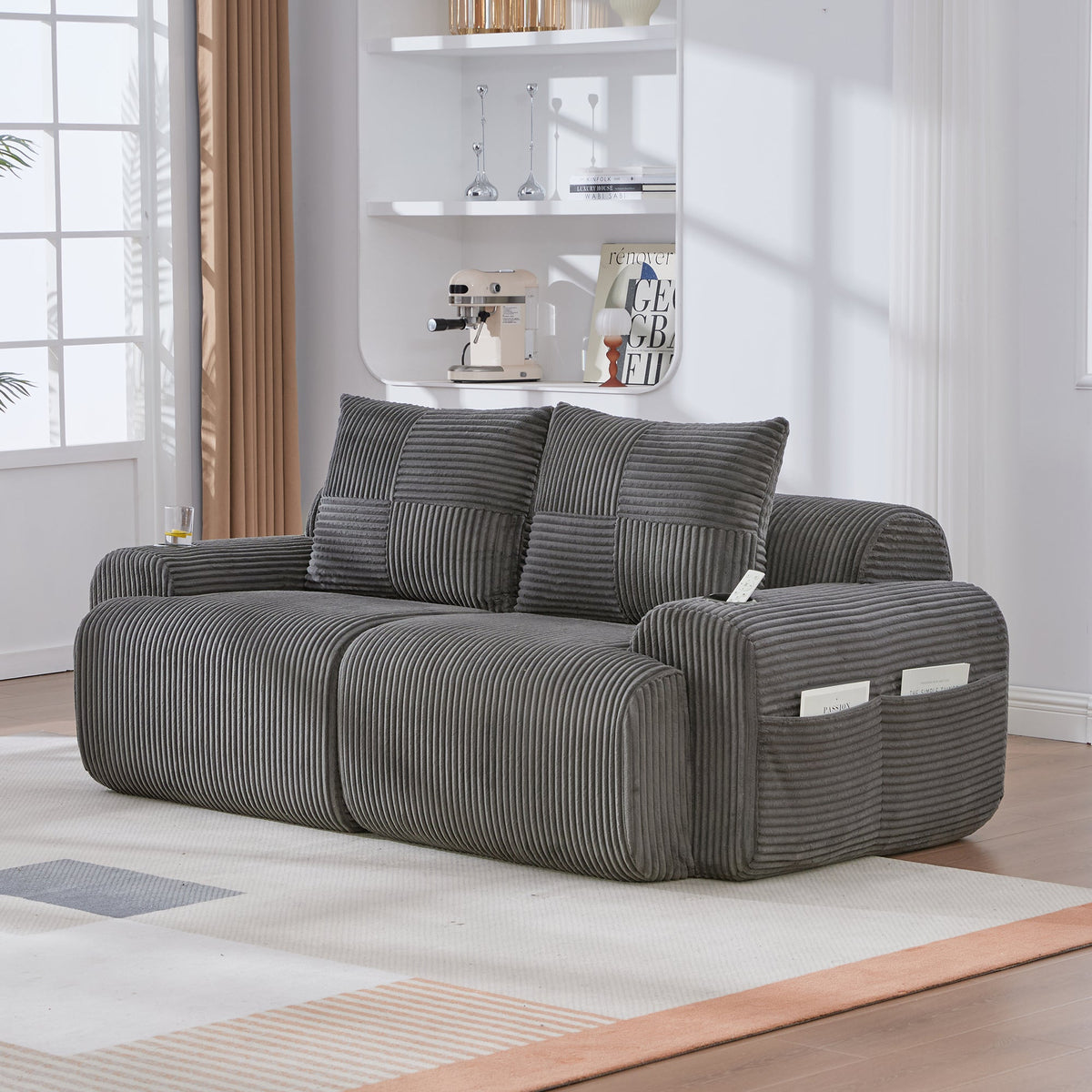 Modular Corduroy 2-Seater Sofa with Cup Holder and Storage Pocket, Dark Grey