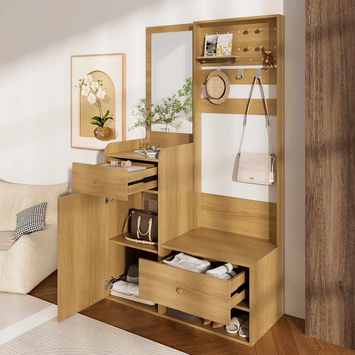 Compact Wardrobe, Entryway Shelf with Mirror, Adjustable Hooks, Wood-Coloured