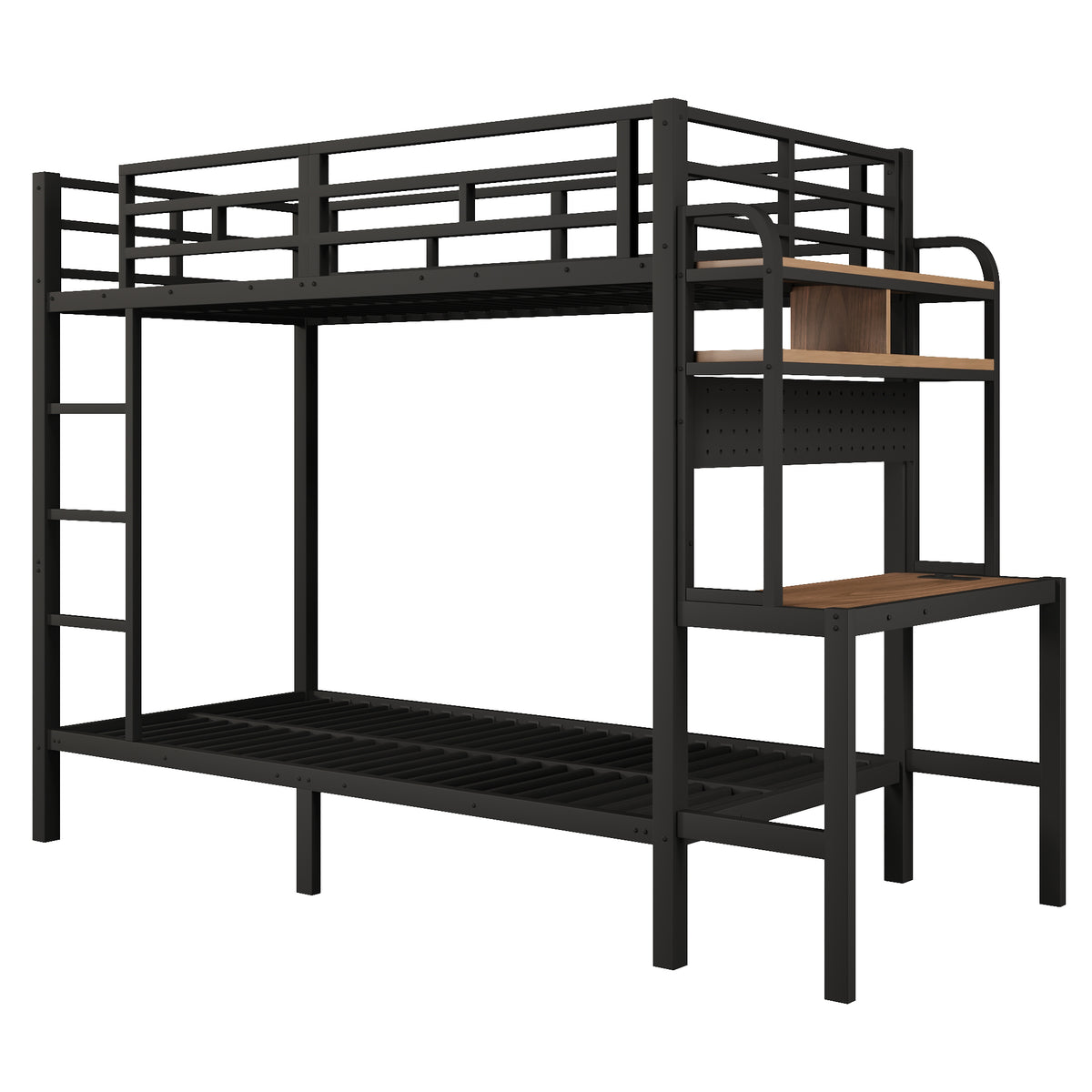 Bunk Bed 90x200 cm with Desk, Storage & LED Light, Black Iron Frame