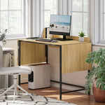 Folding Computer Desk with 2 Pull-out Panels and Sturdy Metal Legs, Oak+Black