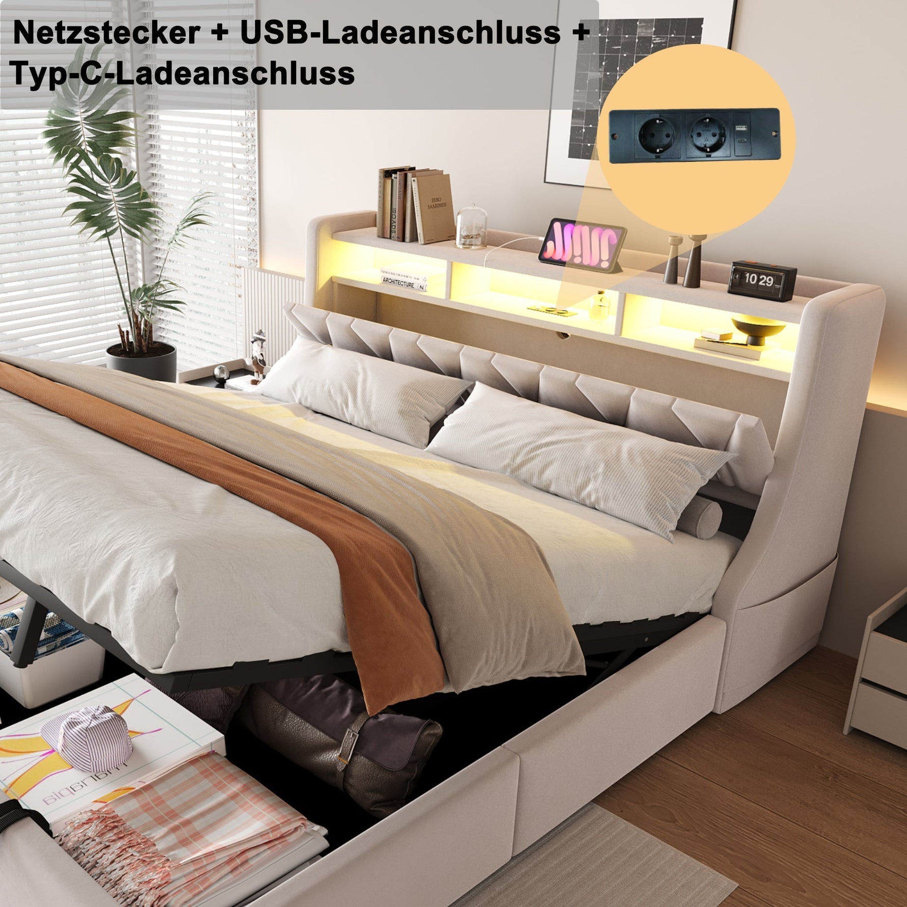 Upholstered Bed 180 x 200 cm, Hydraulic Storage with Fold-Down Headboard and LED Lighting, Beige Velvet