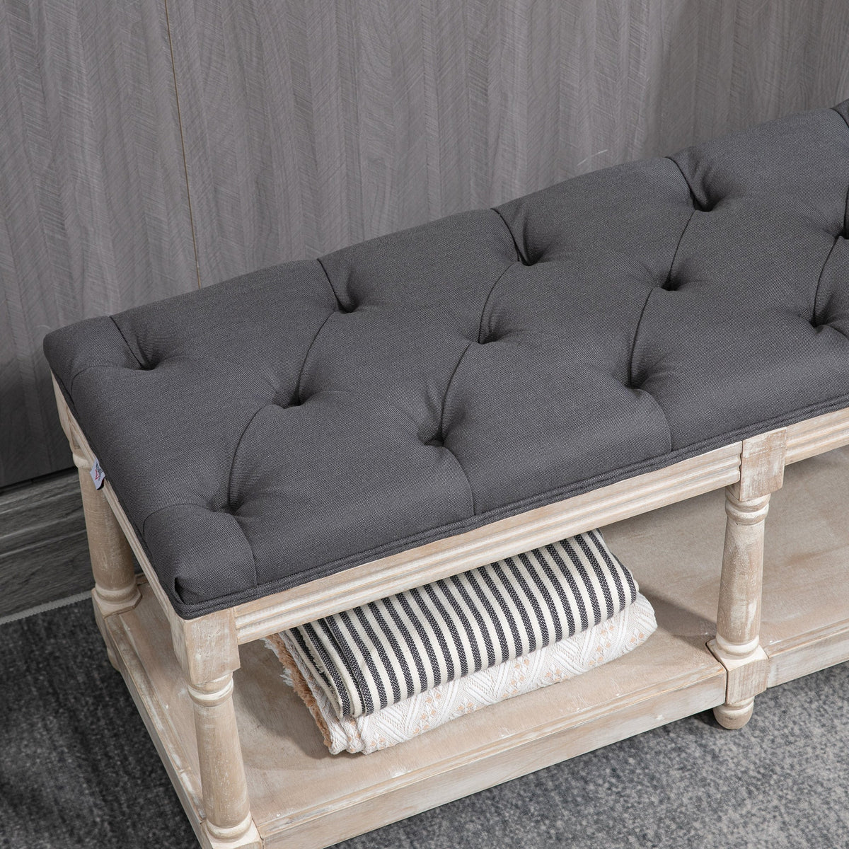 Shoe Bench with Storage, Upholstered, Wooden Legs, Grey Linen