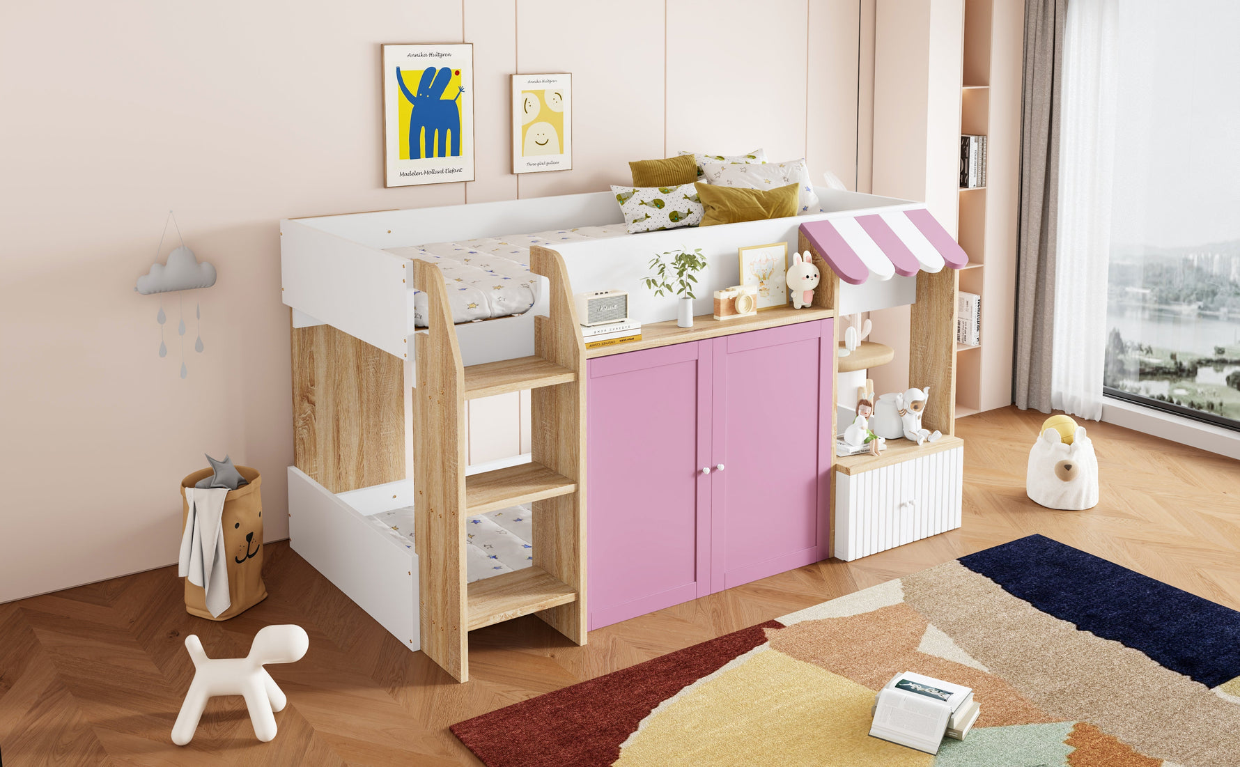 Children's House Bed Mid-Height 90x200 Storage Climbing Ladder - White/Pink Wood