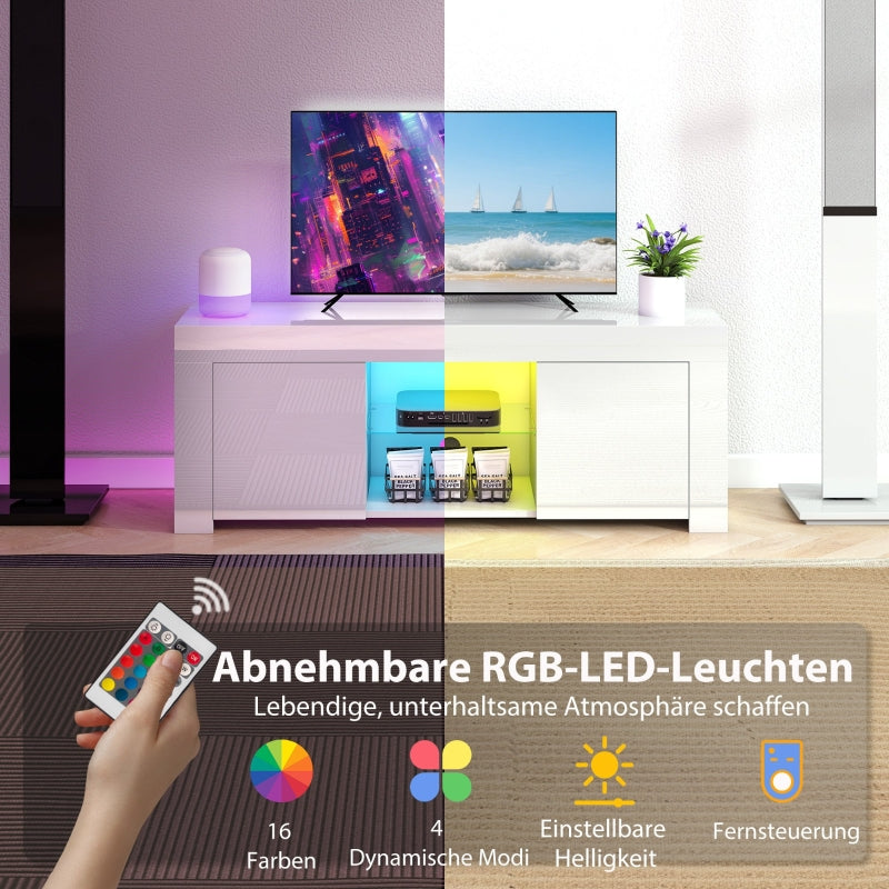 TV Cabinet, LED Lighting, 2 Doors, Glass Shelf, White Chipboard