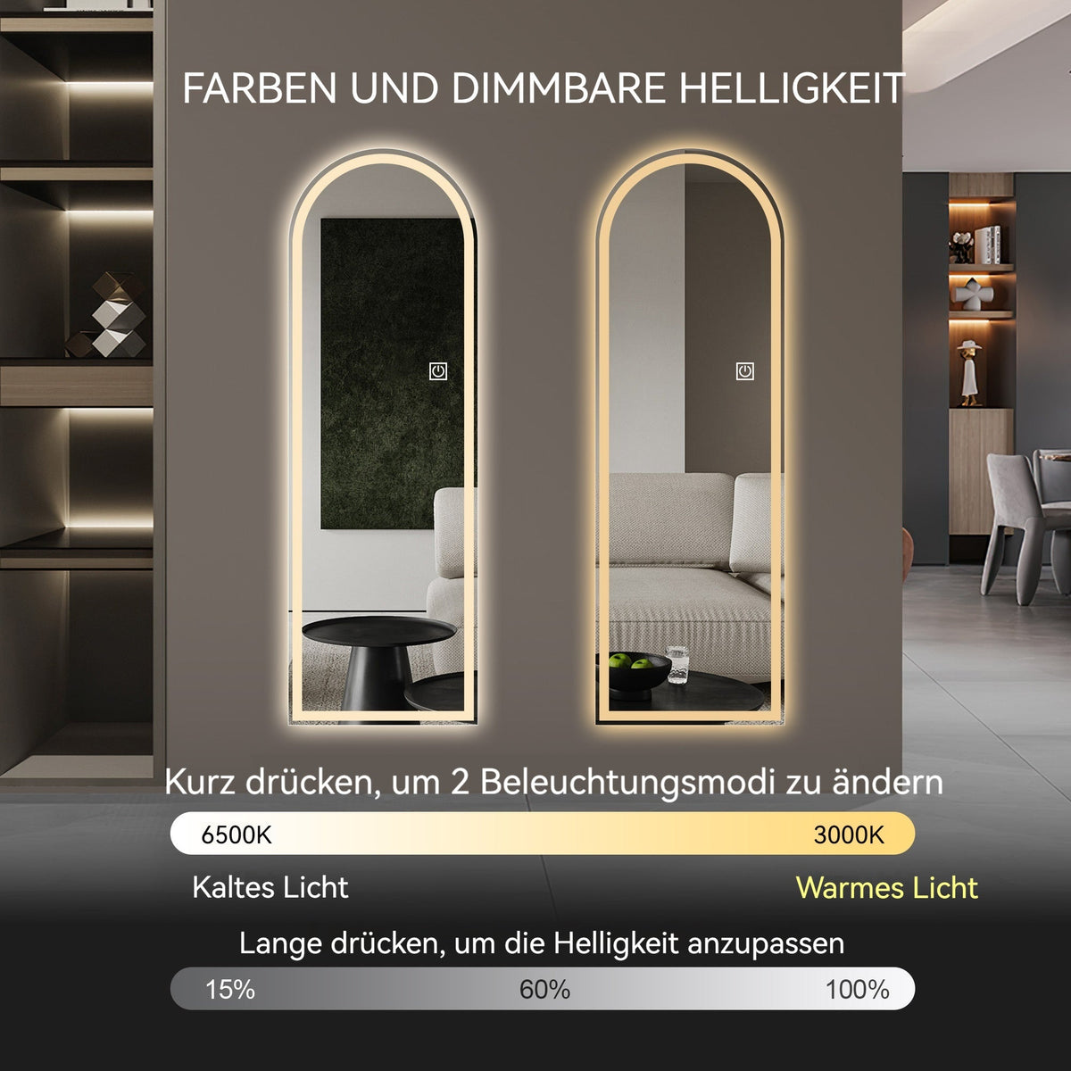 Arched Full-Length Mirror 165x50CM, LED Light, Dimmable 3-Color, Glass