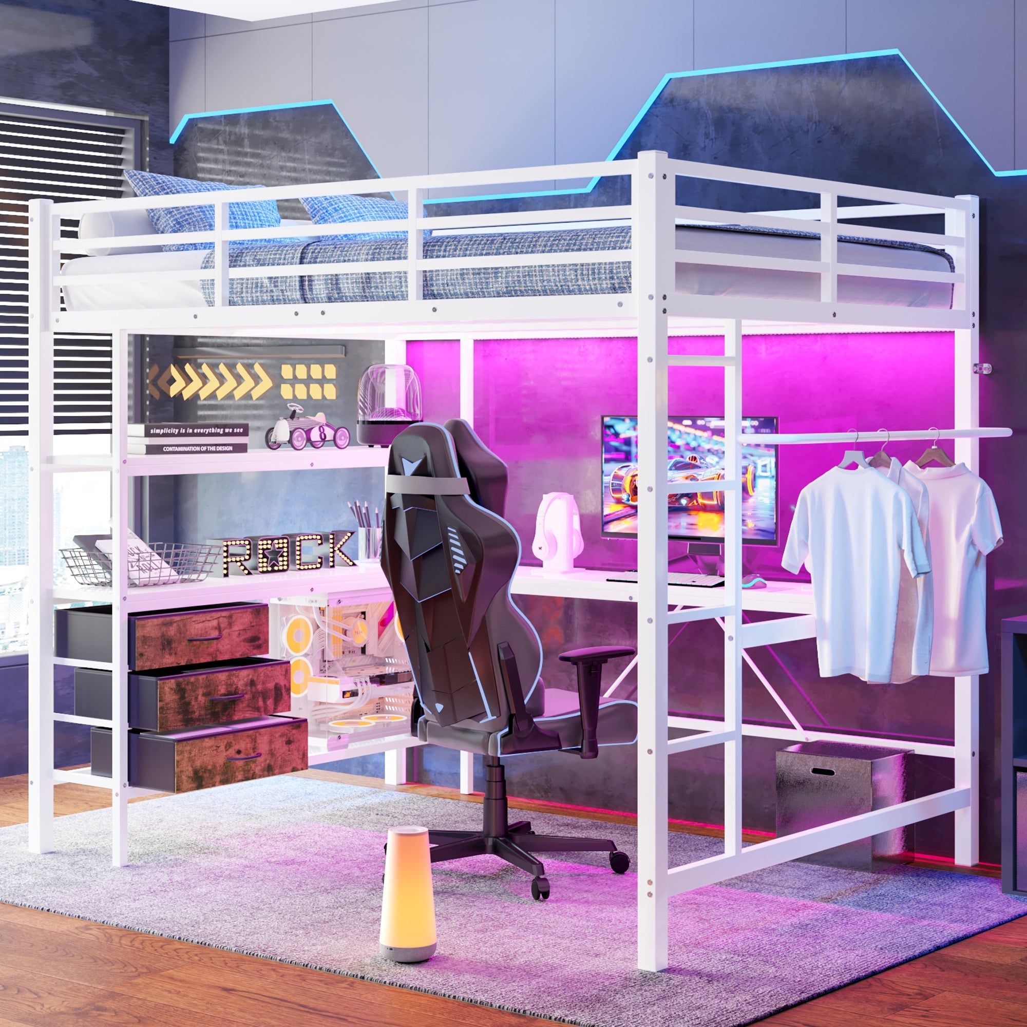 Loft Bed 140x200cm LED Desk USB/Power 3 Drawers Stairs - White