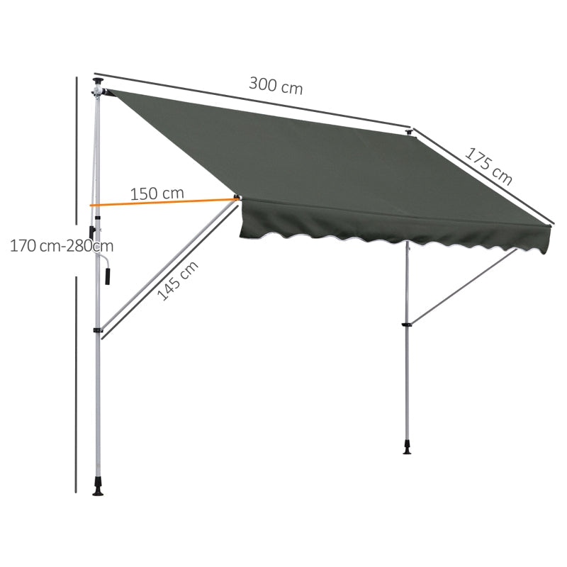 Freestanding Awning, 300 x 150cm, Hand Crank, Windproof, Aluminum, Gray