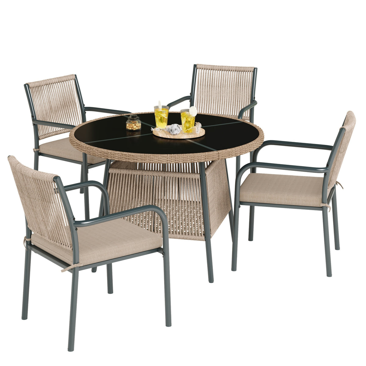 Modern Garden Furniture Set with Round Table & 4 Chairs, Rattan