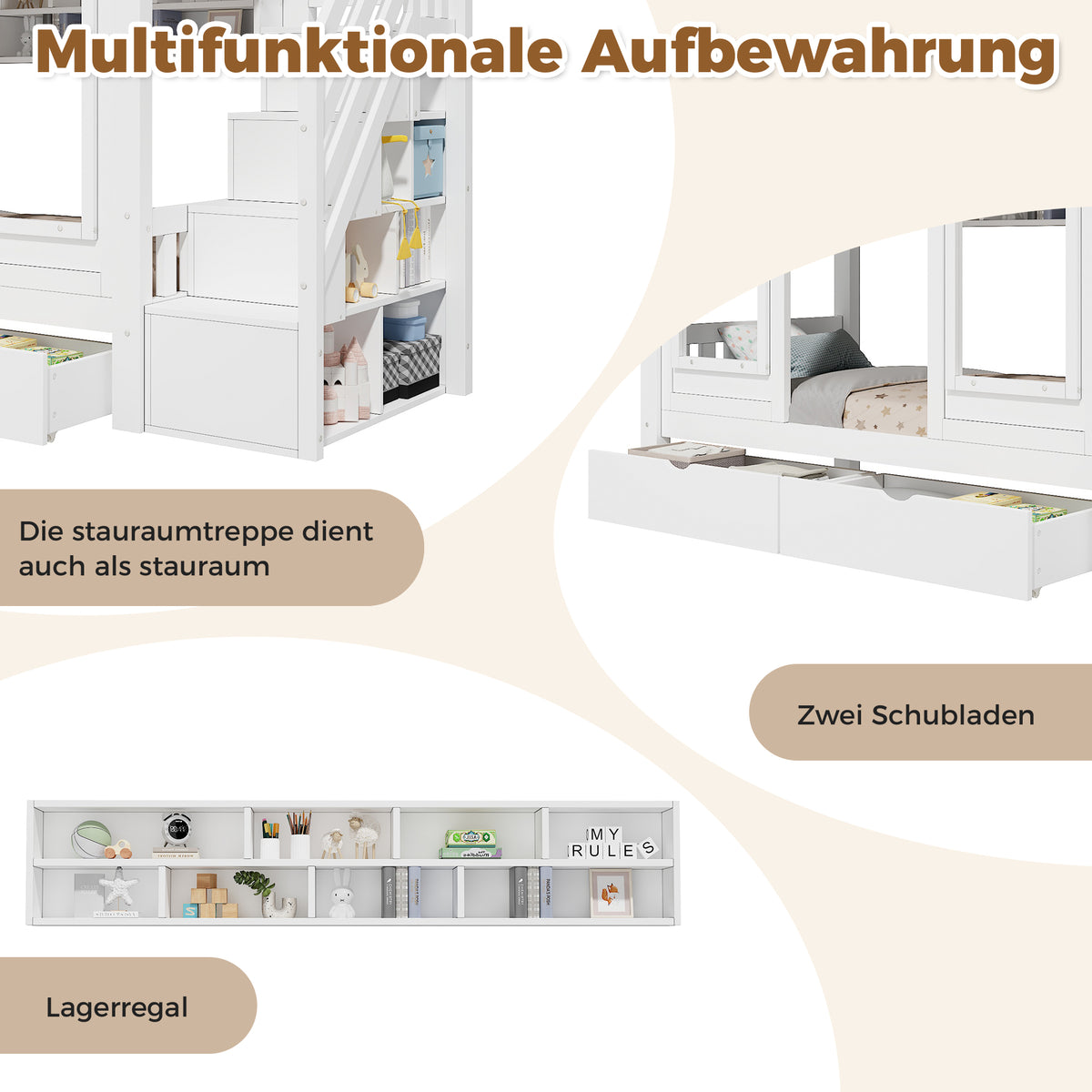 Children's Bunk Bed 90x200cm with Storage Stairs, Solid Wood White