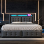 Upholstered Bed 140x200, LED Headboard with USB-C, 4 Storage Drawers, Gray Cotton