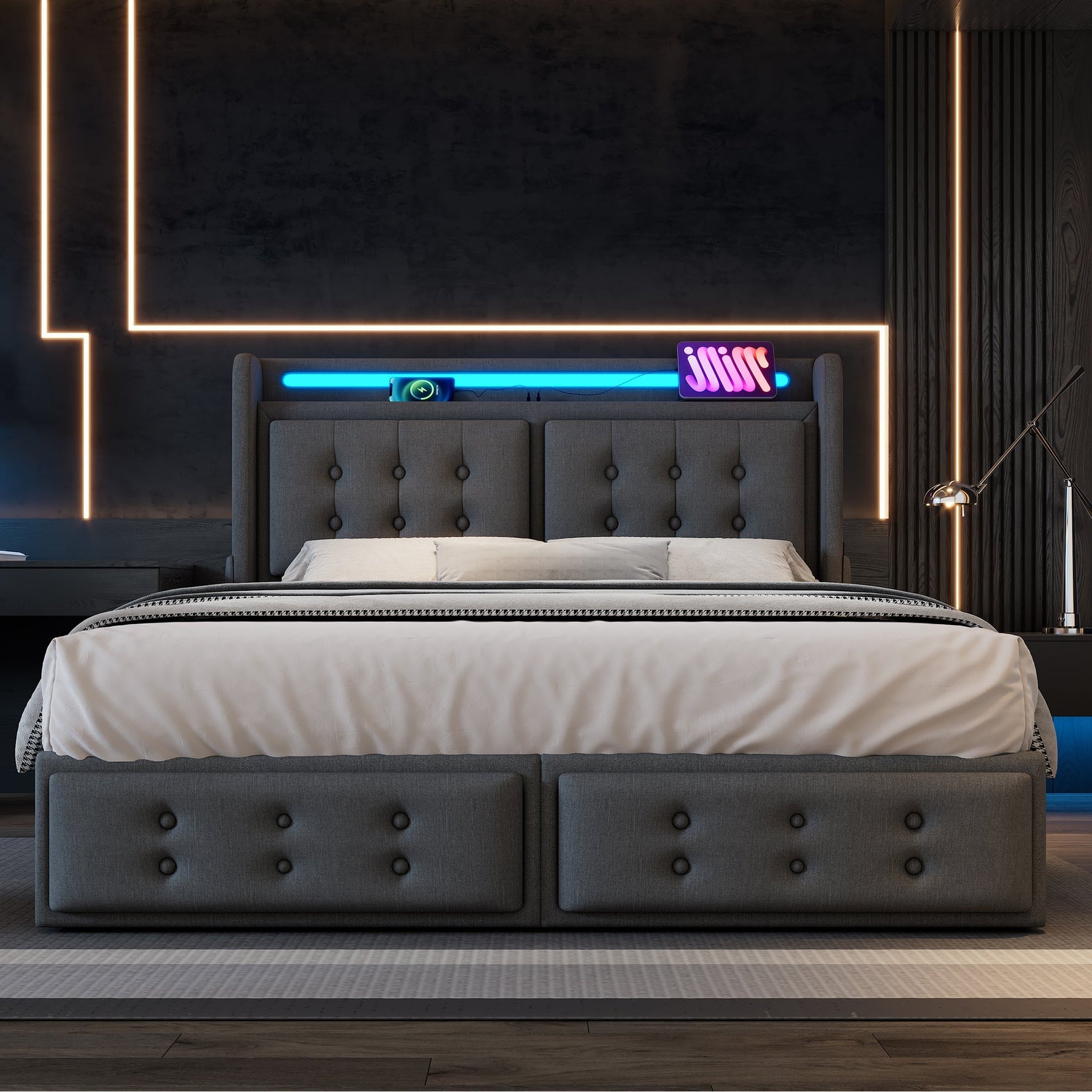 Upholstered Bed 140x200, LED Headboard with USB-C, 4 Storage Drawers, Gray Cotton
