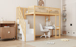 Loft Bed 90x200 Multifunctional Table Storage Stairs, Solid Pine Wood White