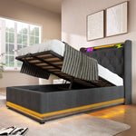Upholstered Single Bed, Hydraulic Storage LED USB-C Headboard 90x200 cm, Grey Linen