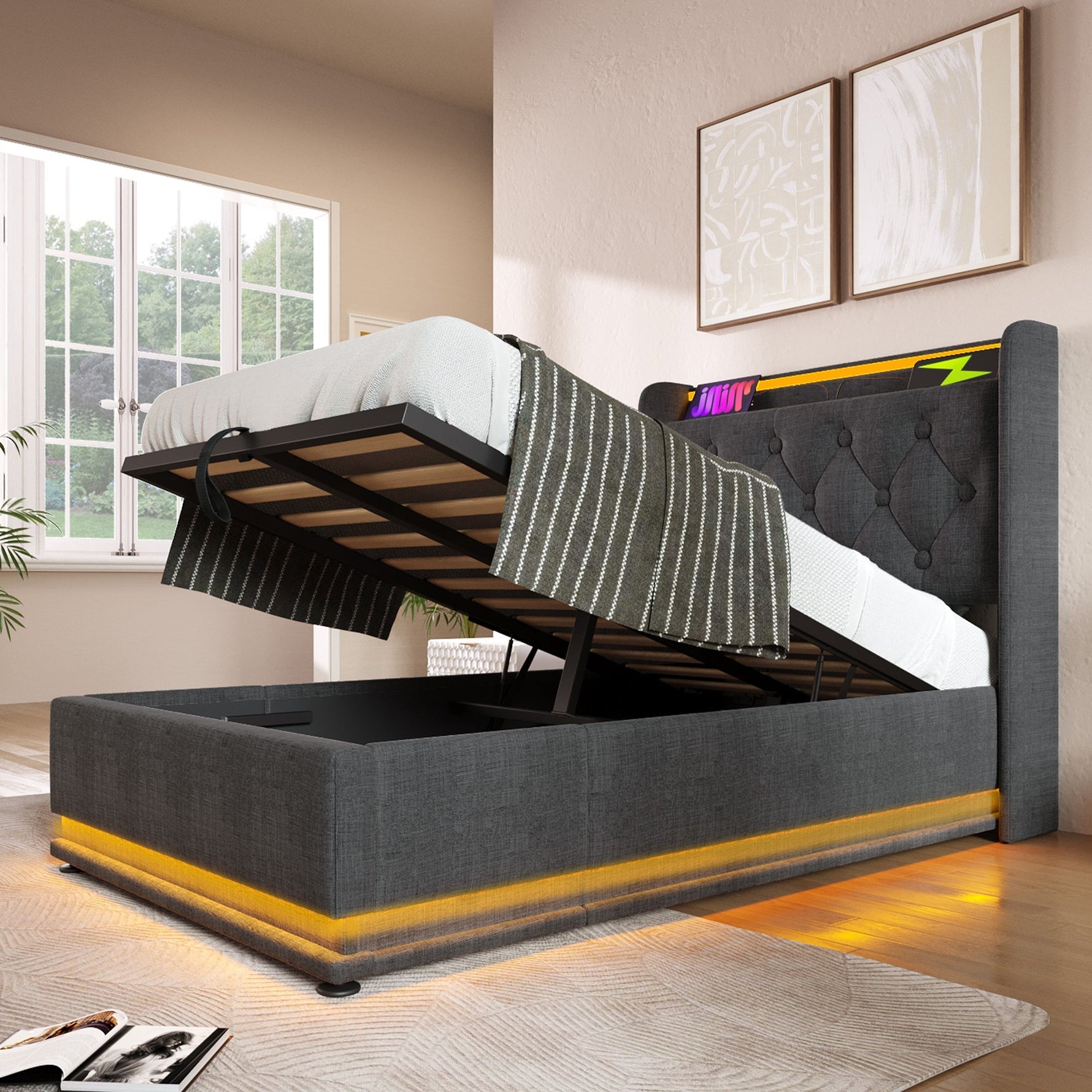 Upholstered Single Bed, Hydraulic Storage LED USB-C Headboard 90x200 cm, Grey Linen
