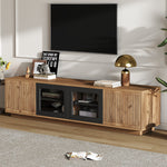 TV Cabinet 180cm for 75 Inch TV, LED Light Strip, Natural Wood & Black Glass