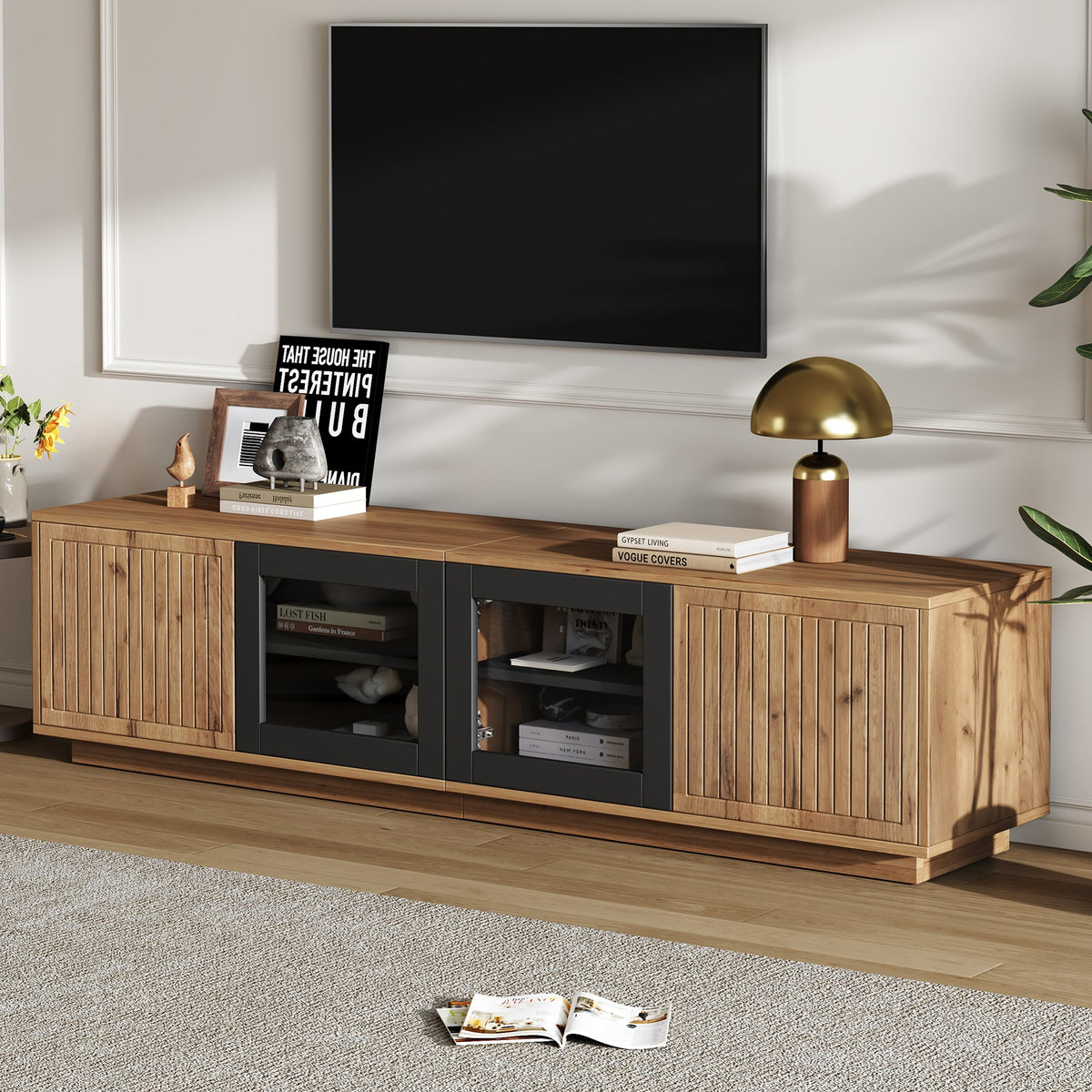 TV Cabinet 180cm for 75 Inch TV, LED Light Strip, Natural Wood & Black Glass