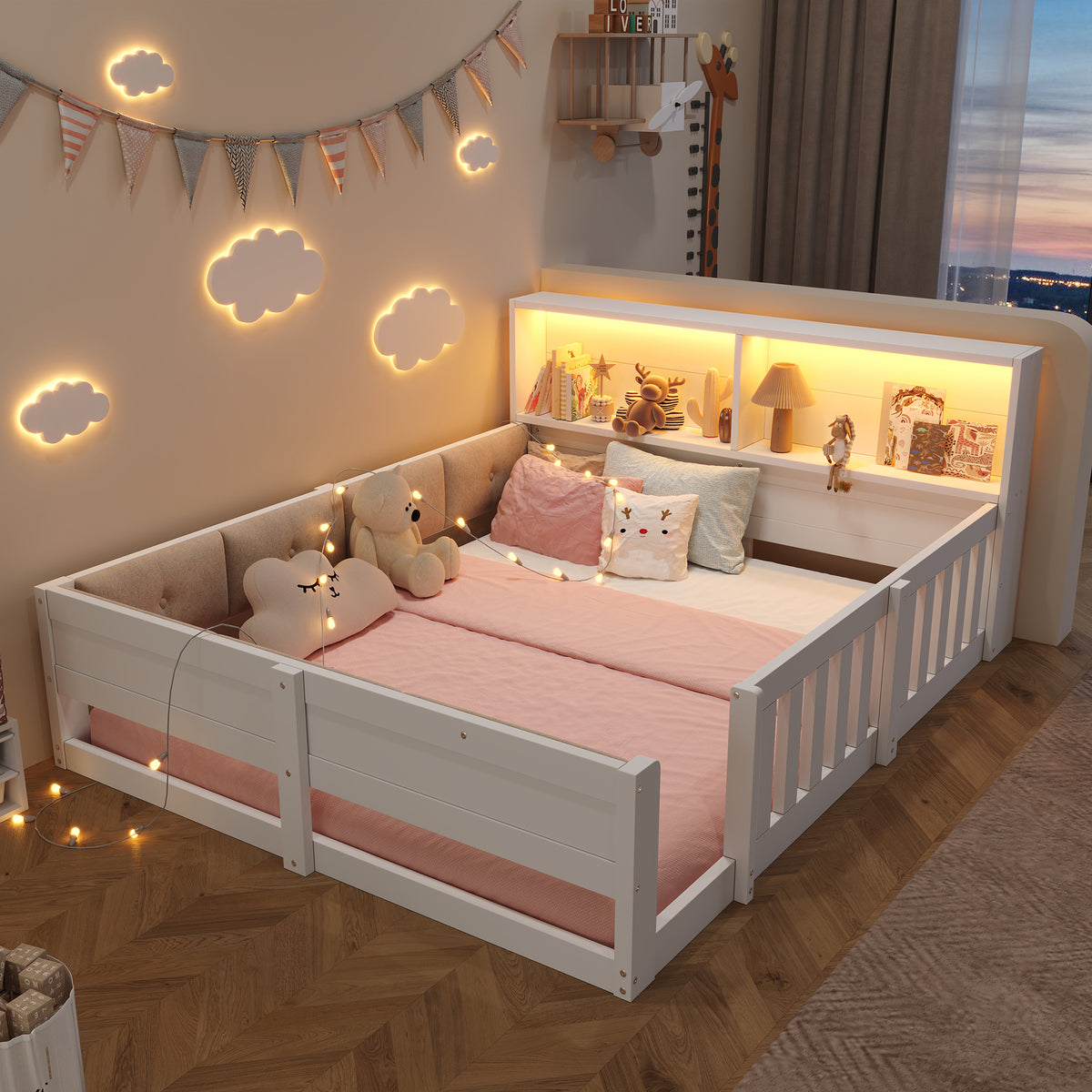 Flatbed Kids Bed 140x200cm with LED Light & Railings, White