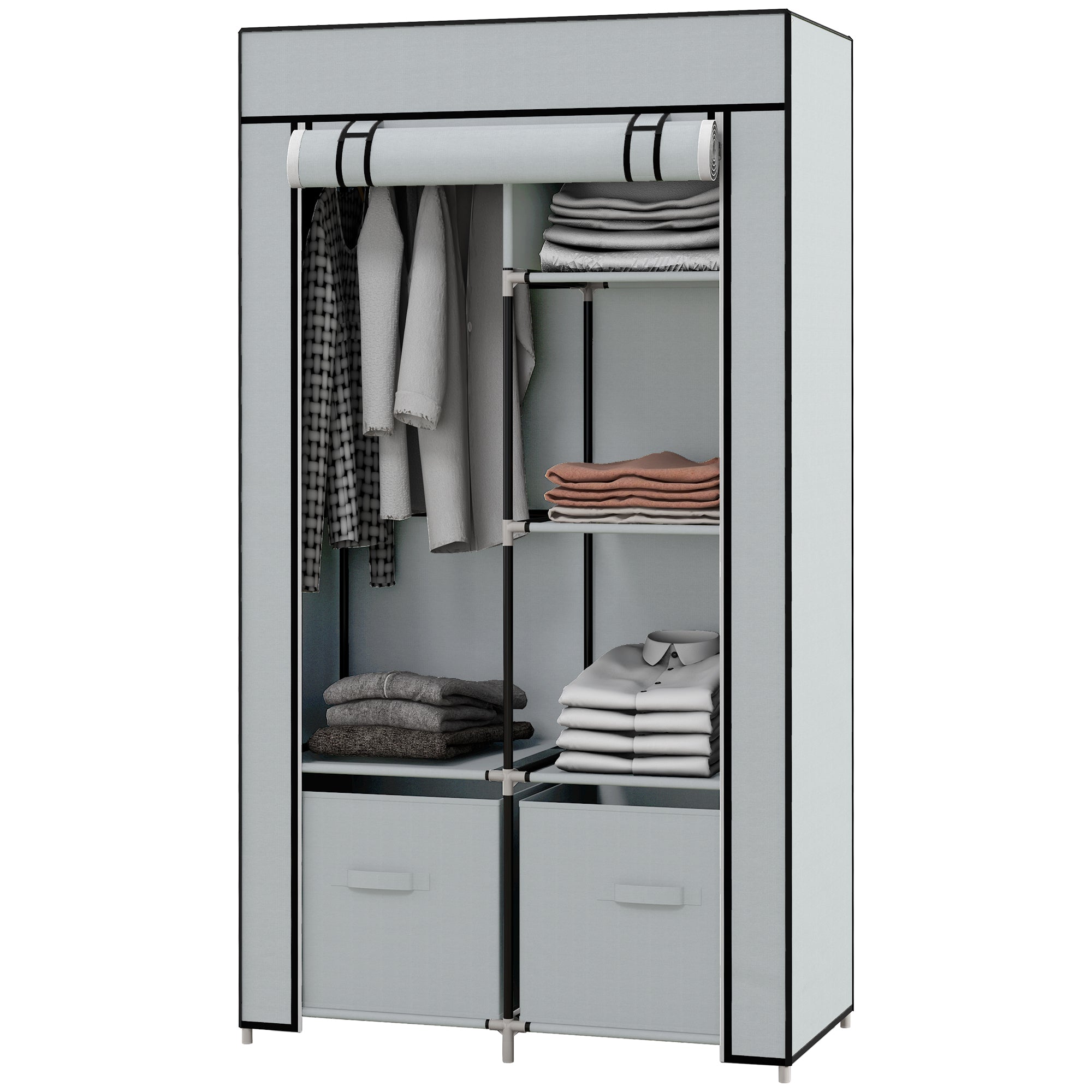 Fabric Wardrobe 5 Compartments, Clothes Rail, Light Grey