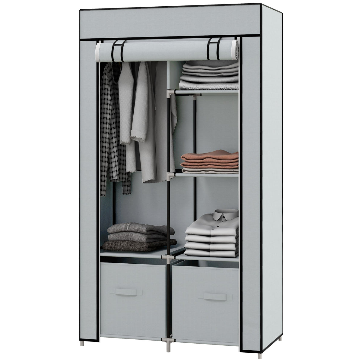 Fabric Wardrobe 5 Compartments, Clothes Rail, Light Grey