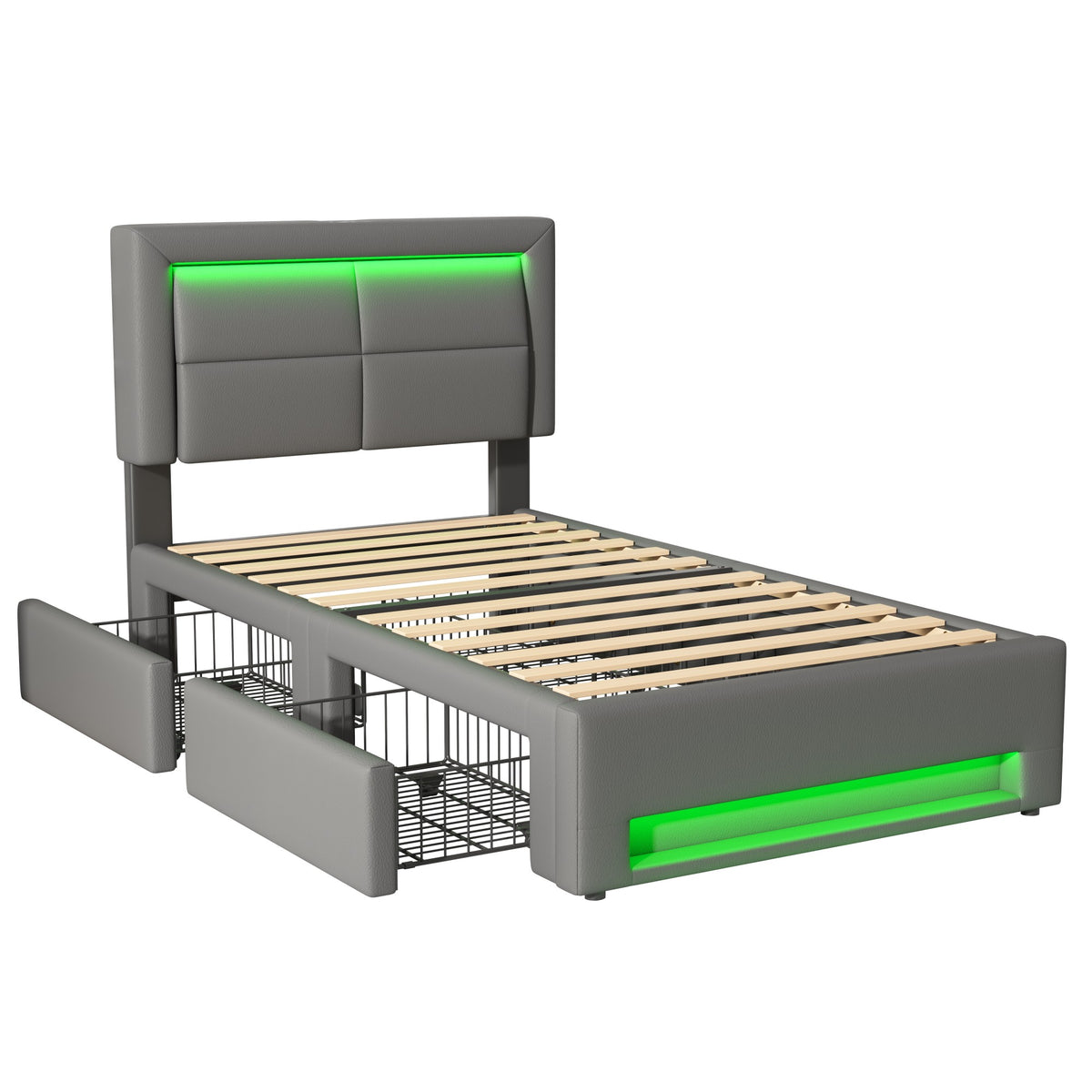 Upholstered Bed 90x190 cm with LED, USB & 4 Drawers, Grey PU