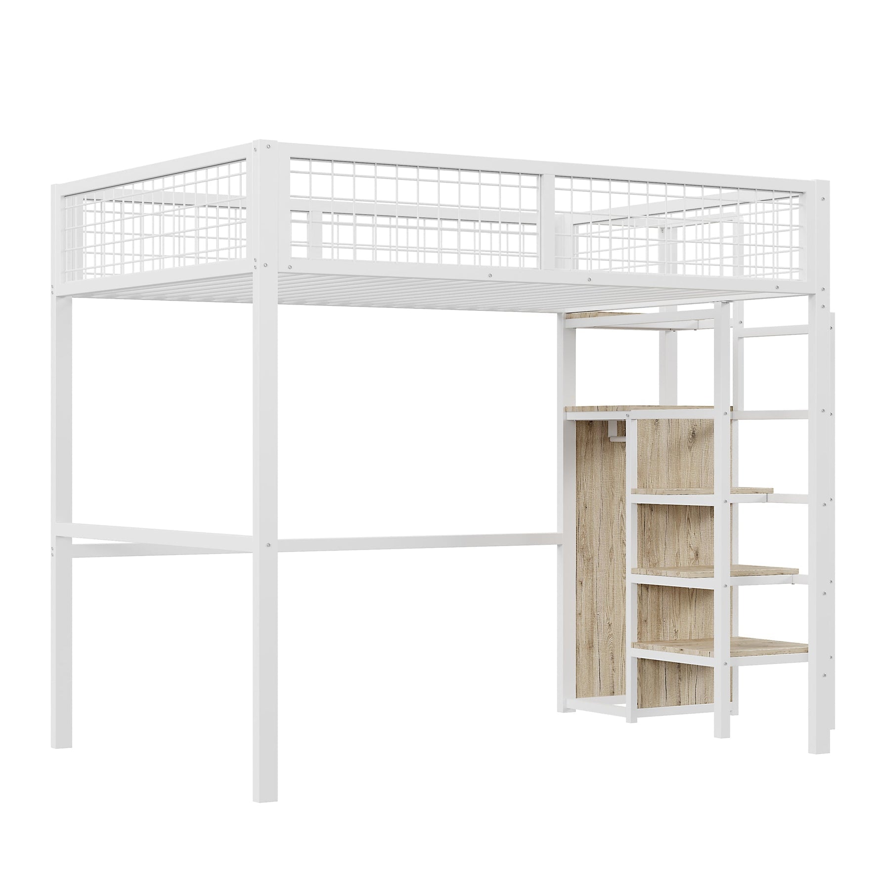 Bunk Bed 140x200 Ladder Storage Shelf Wardrobe Iron Frame White
