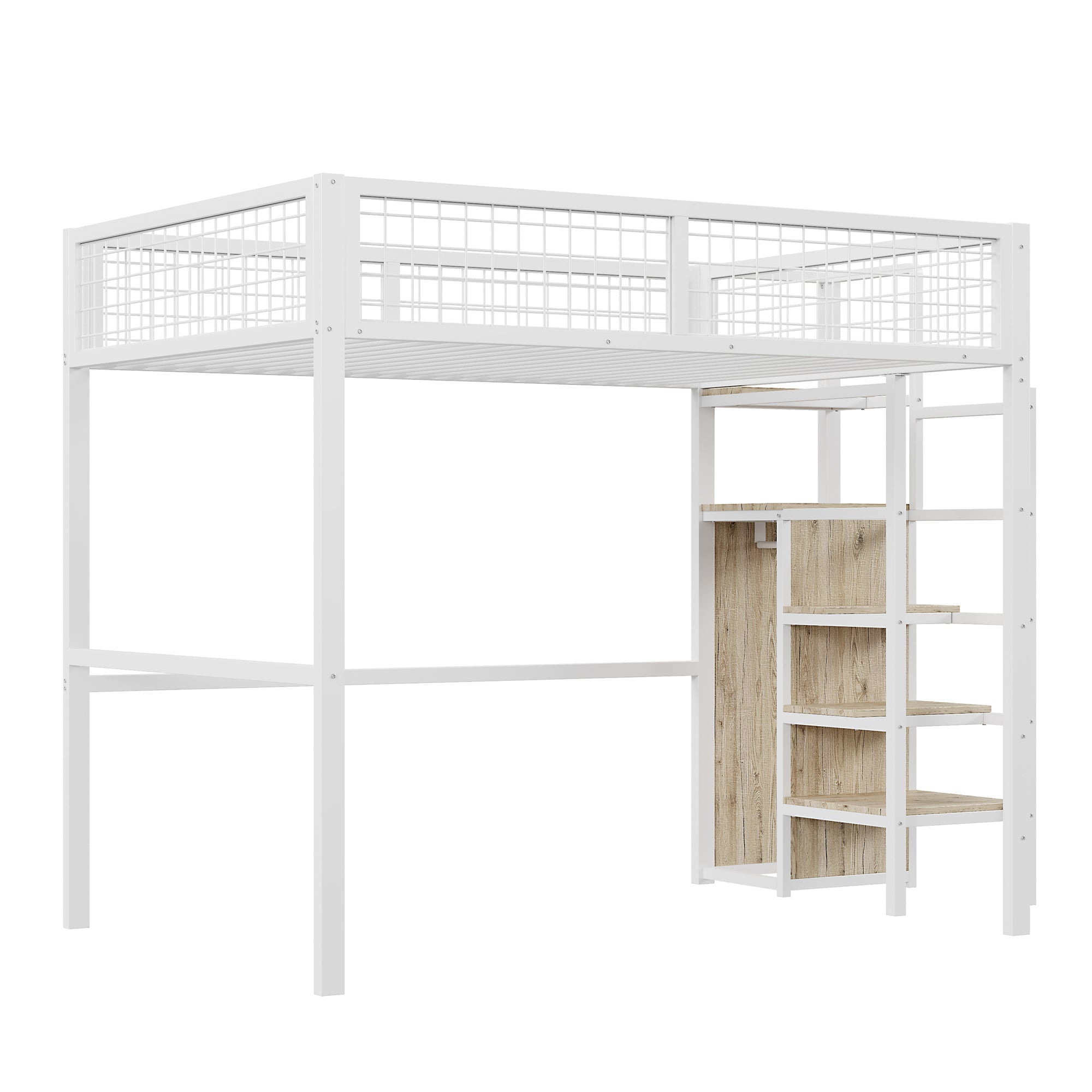 Loft Bed with Integrated Wardrobe and Safety Ladder, Black and White MDF and Metal