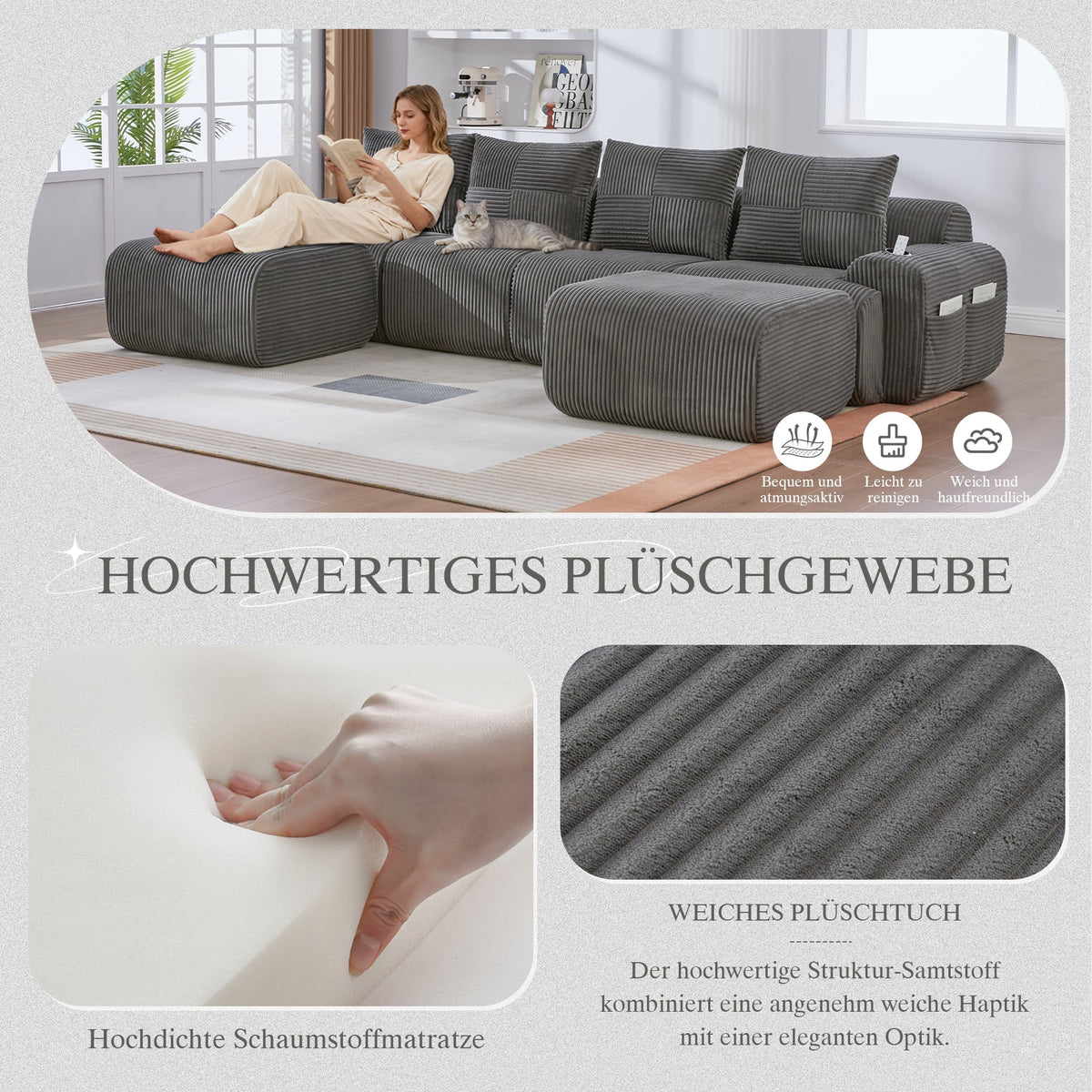 Modular 4-Seater Sofa with 2 Ottomans, Cup Holders and Storage Pocket, Dark Grey Corduroy