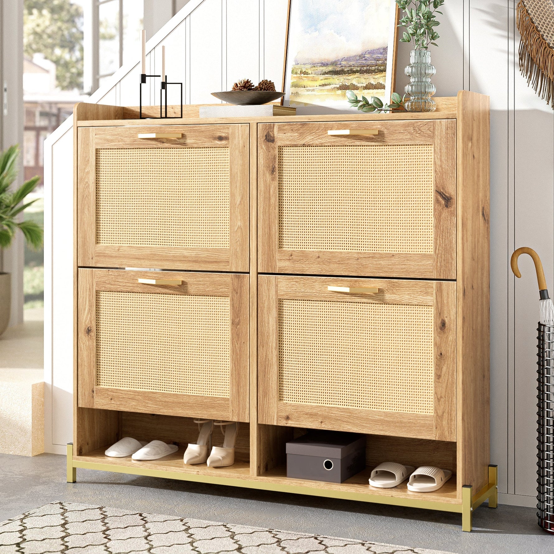 Elegant Shoe Cabinet 4 Doors Metal Frame Top Shelf Wooden Rattan