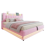 Smart Upholstered Bed with LED Lighting, USB and Hydraulic Storage, 180 x 200 cm, Pink Velvet