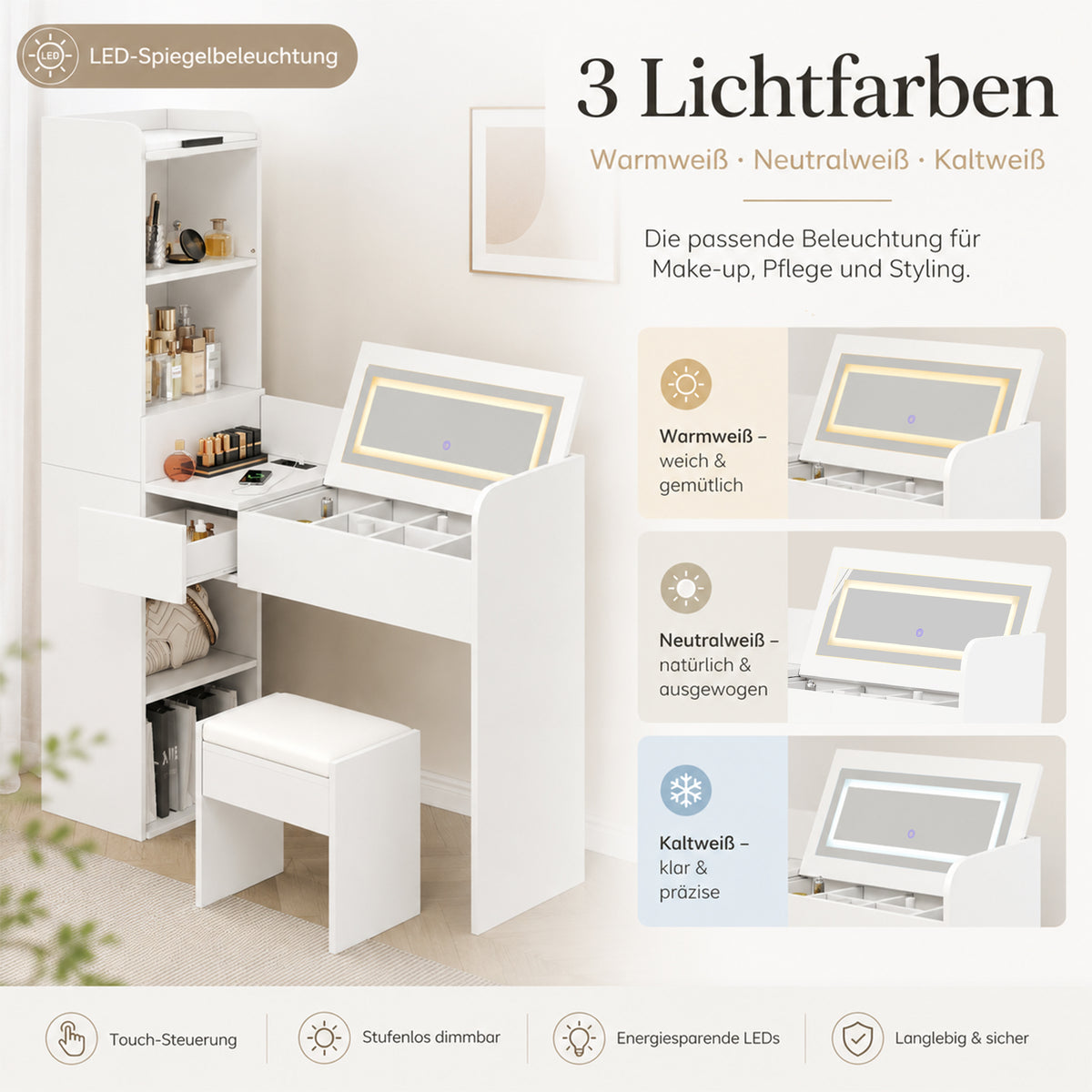 Dressing Table with LED Mirror, USB Charging & Stool, White