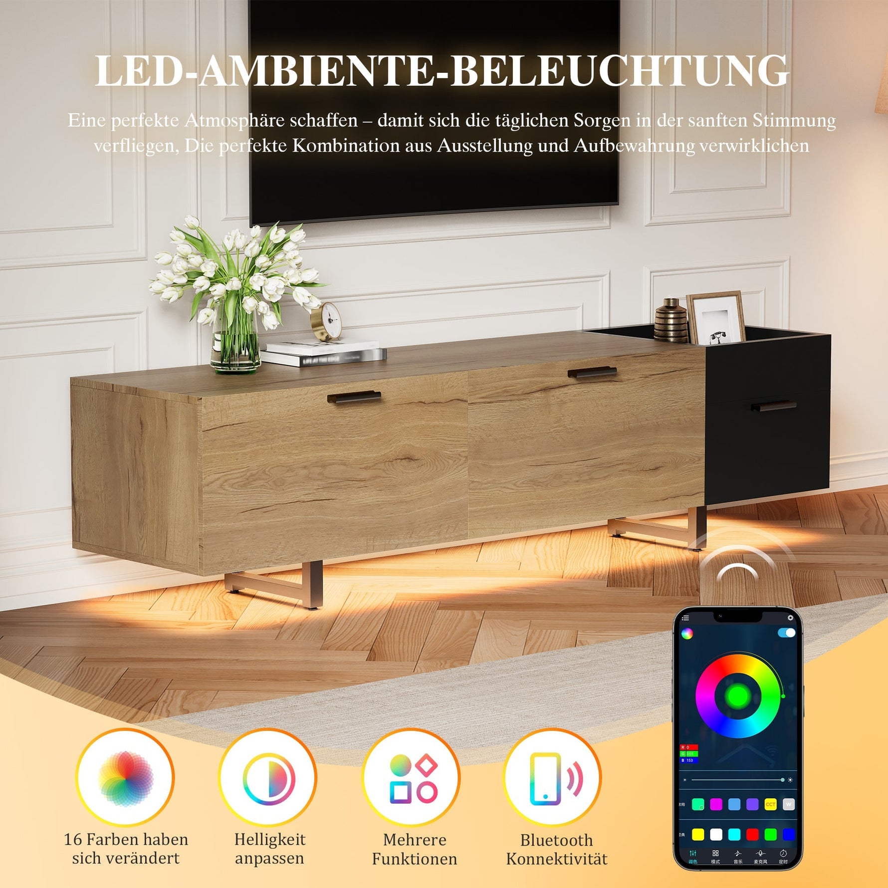 Modern TV Cabinet with Drawers and Open Compartments, Wood and Black