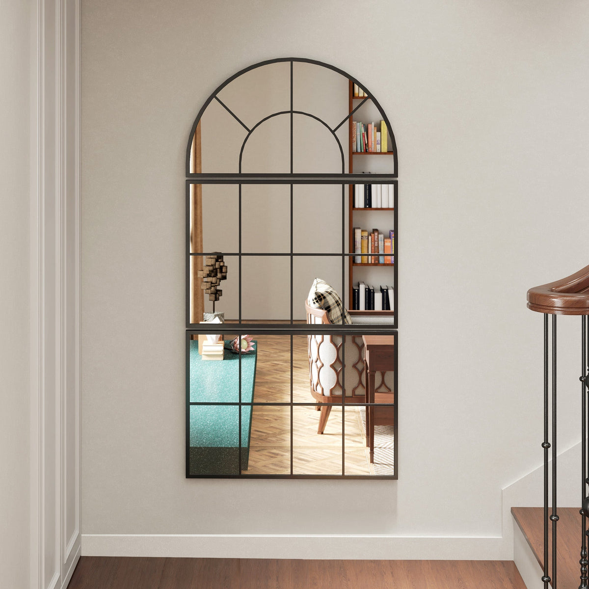Three-Piece Arched Wall Mirror, Decorative Window Hanging, Black Metal Frame