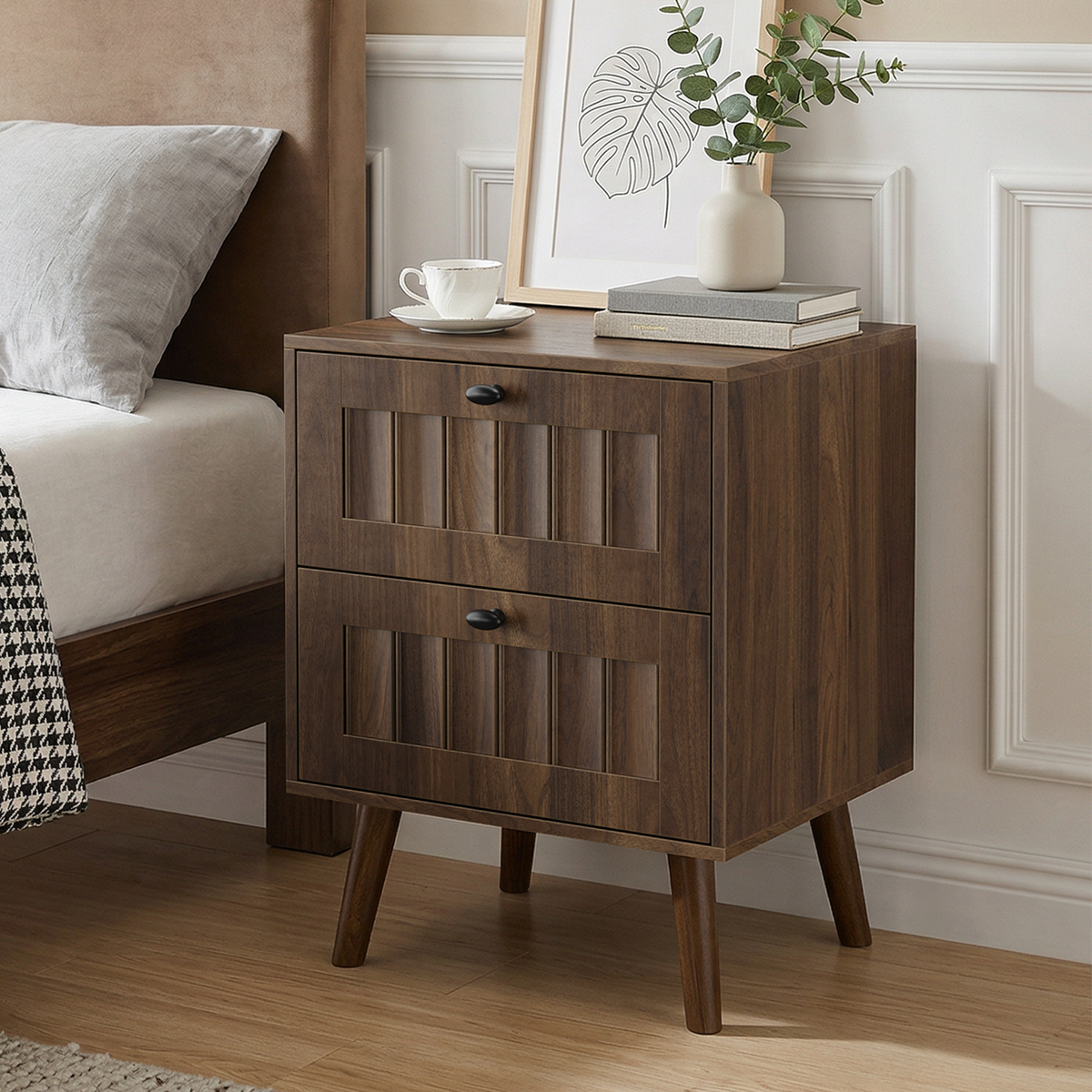 Modern Bedside Table with Two Drawers and Solid Wood Legs, 43.5 x 40 x 57.5 cm, Walnut