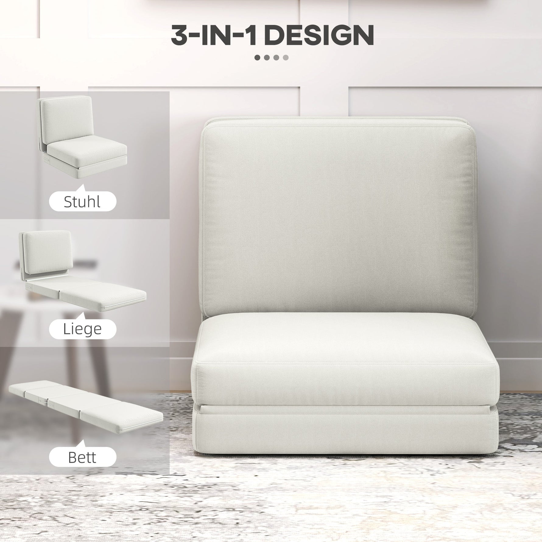 Folding Velvet Sofa Bed, 3-in-1, Storage, Cream White