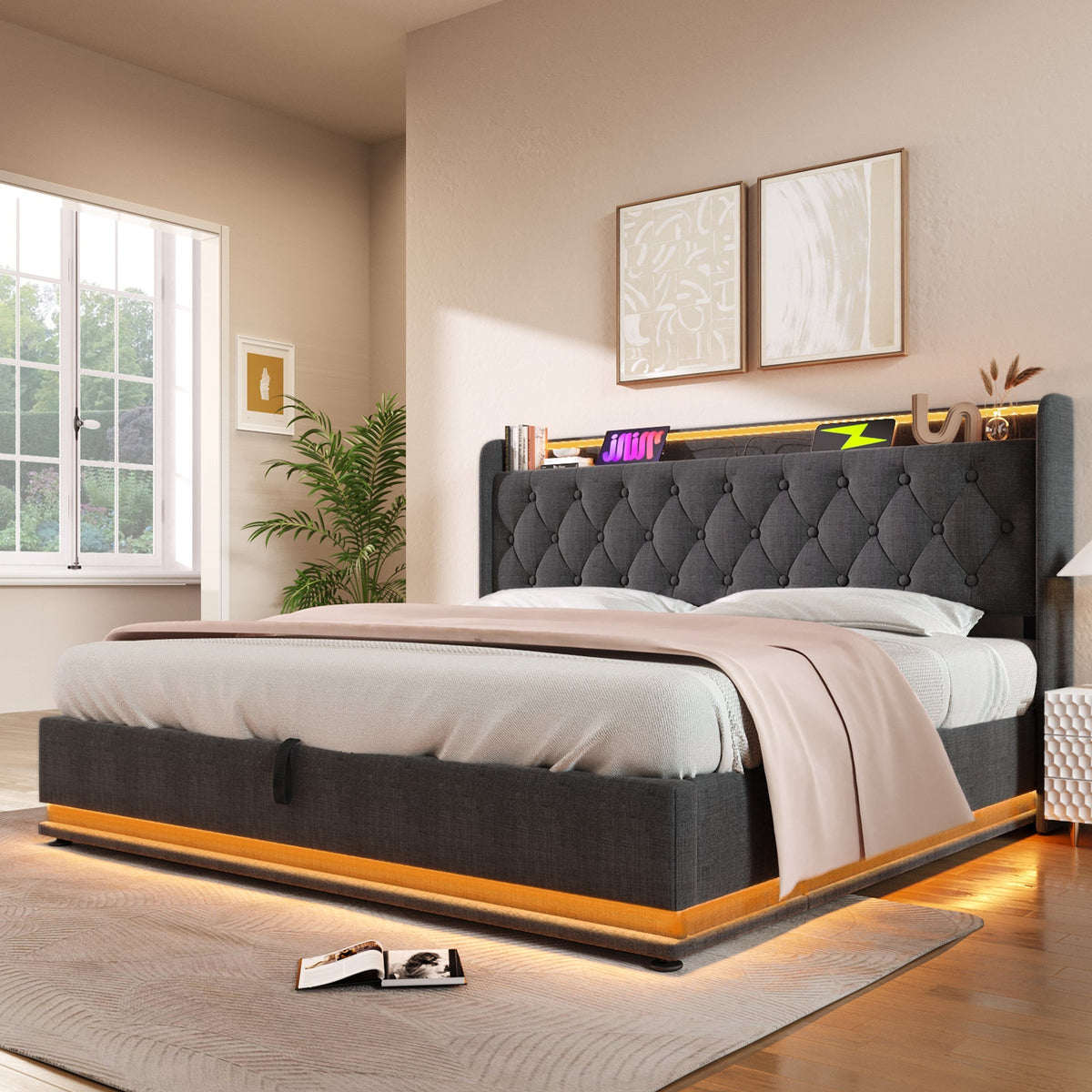 Upholstered Bed Double, 360-Surround LED Hydraulic Storage with USB Type-C, Gray Linen