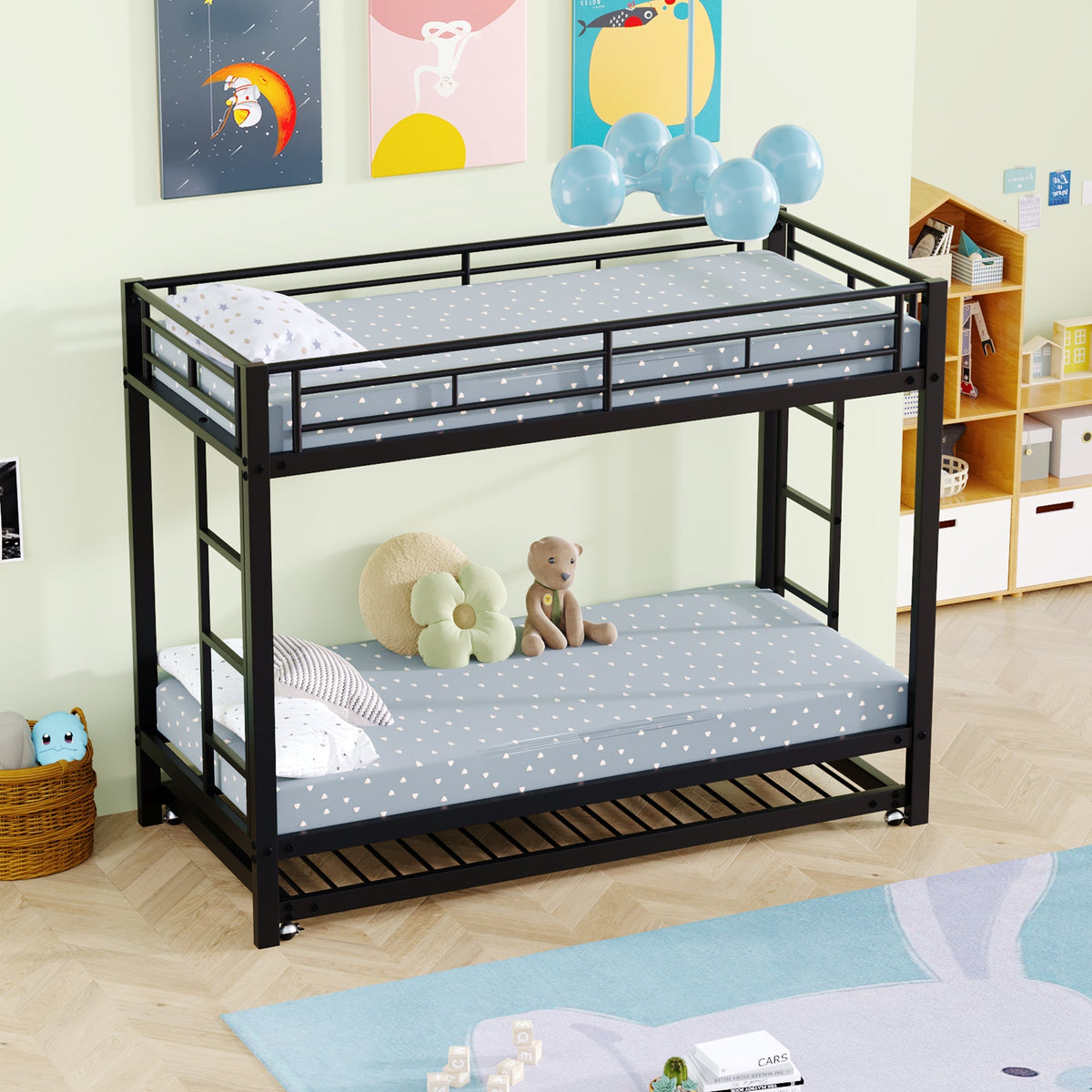 Bunk Bed 90x200cm with Pull-Out Bed Safety Railings EN747 Certified - Black Iron Frame