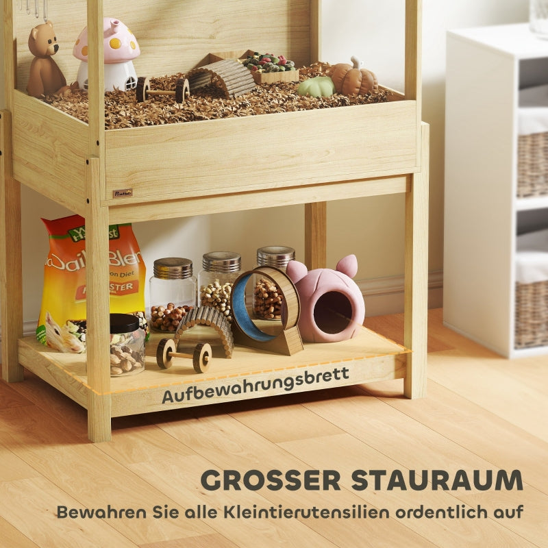 Hamster Cage 2 Tier Rodent Cage, Folding Lid, Natural Wood